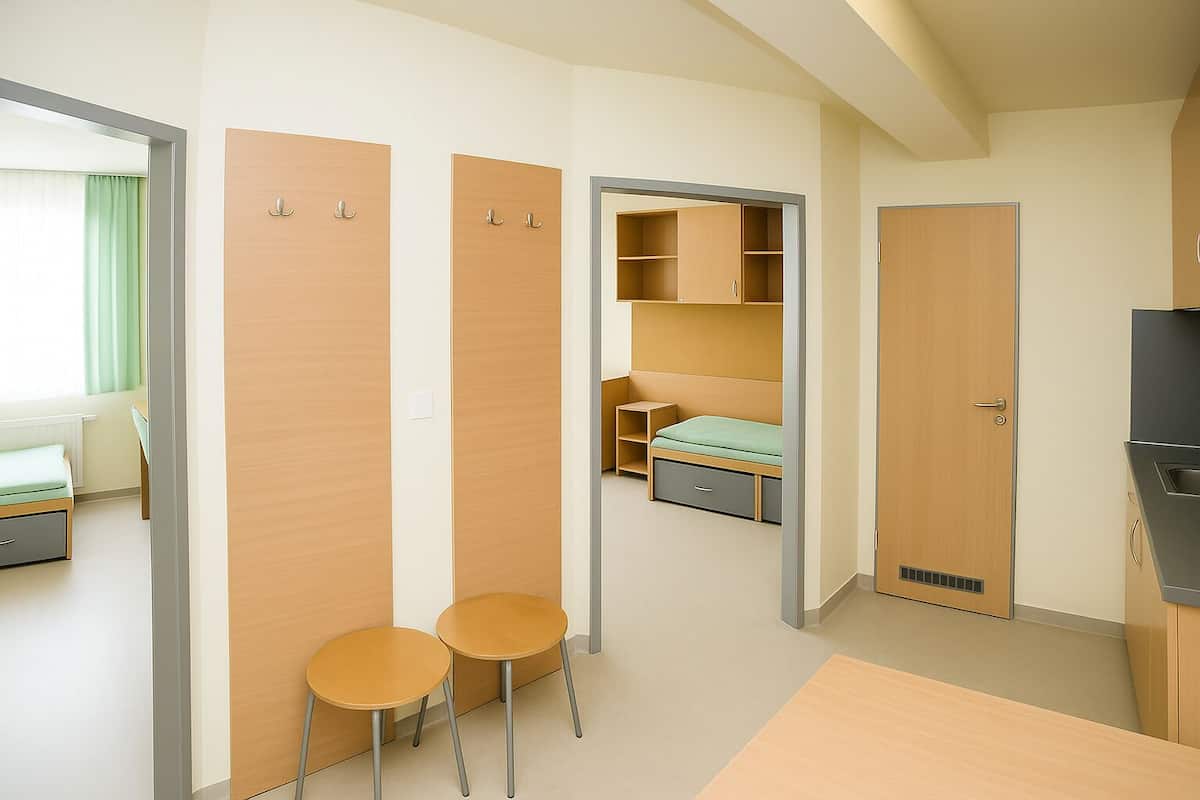 Quarto compacto com cama, escrivaninha, duas cadeiras e guarda-roupa.