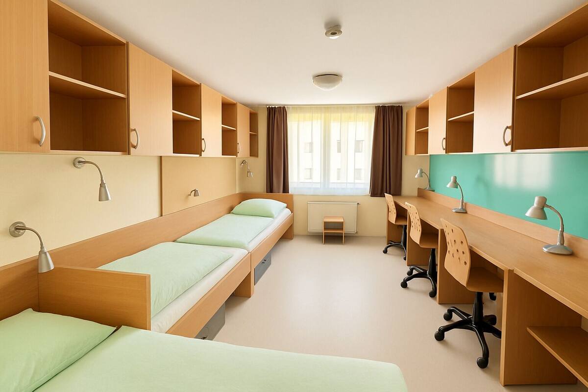 Quarto em dormitório com beliches, escrivaninha, cadeiras e radiador.