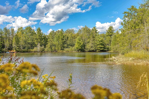 A calm lake surrounded by dense forest, a boat on the water, and clear blue sky.