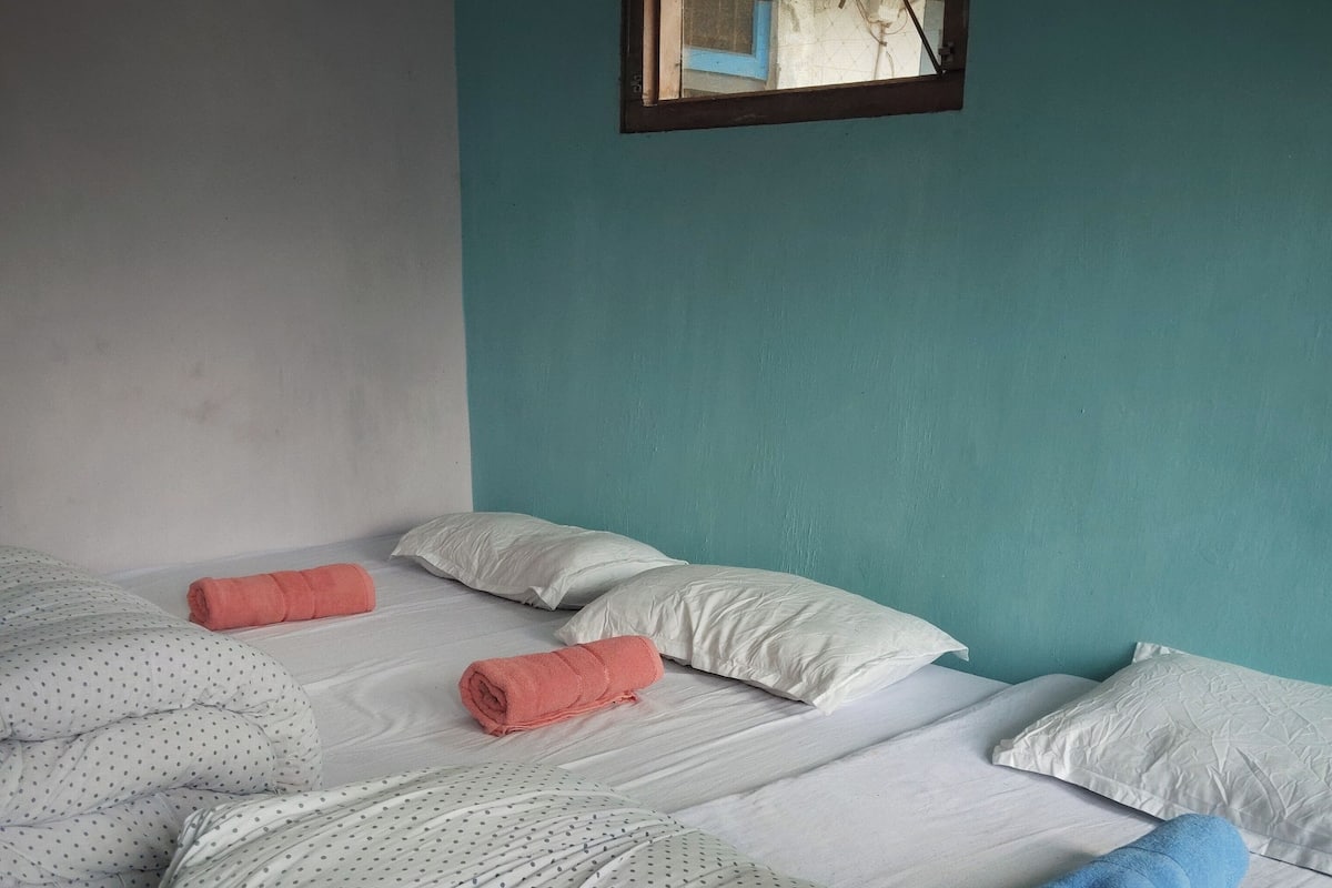 A double bed with white bedding and polka dot pillows, a teal wall, and a window with a patterned curtain.