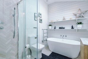 Hair dryer, towels, soap, shampoo