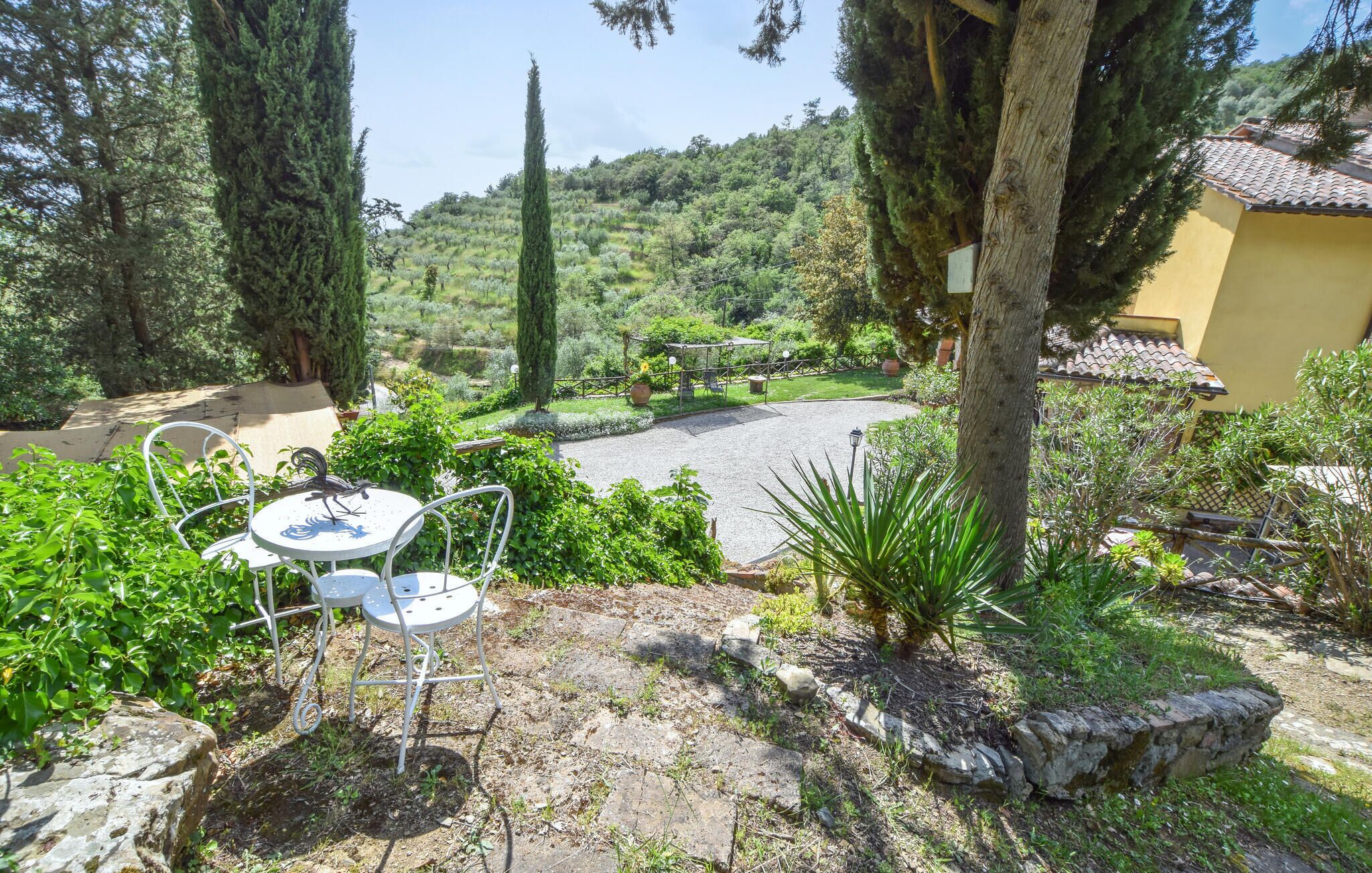 Un patio con mesa y sillas redondas, rodeado de vegetación y vistas a una colina.