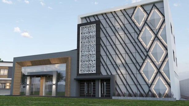 A modern building with a geometric facade, large glass windows, and a central vertical panel. - Jai Vilas Palace & Resort (Pali)