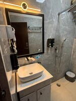 独立的浴缸和淋浴、免费洗浴用品、吹风机、浴袍