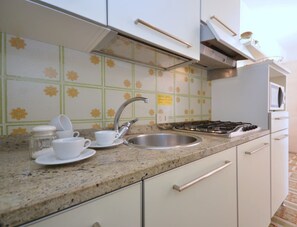 Kühlschrank, Mikrowelle, Herdplatte, Wasserkocher mit Kaffee-/Teezubehör