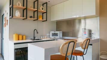 Fridge, microwave, stovetop, coffee/tea maker