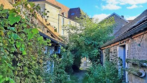 A narrow alleyway with buildings on either side, a gravel path, and greenery.