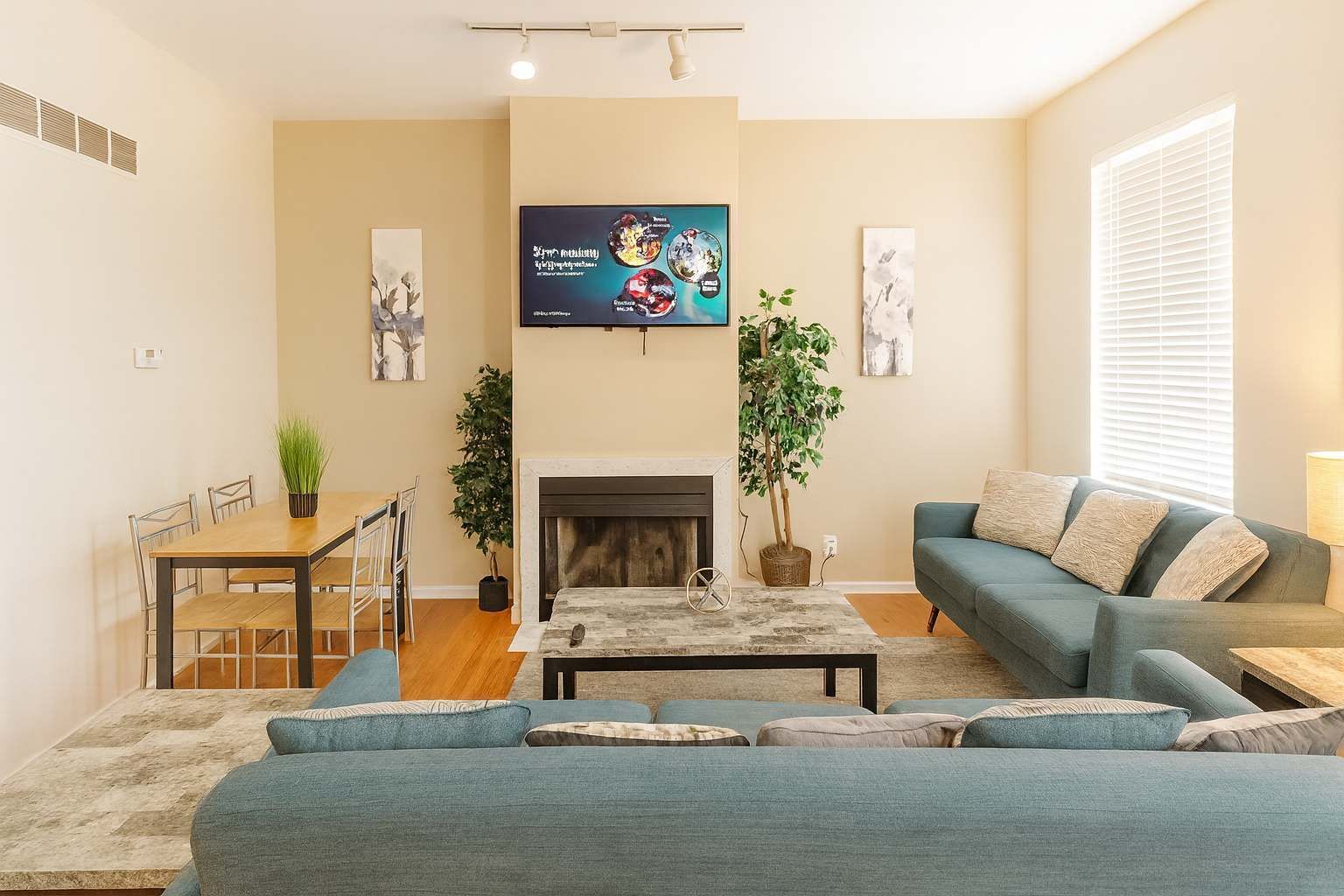 Televisión, chimenea y oficina 