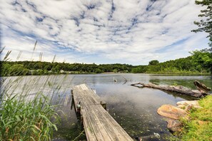 Eine Holzstege, der sich in einen ruhigen See erstreckt, umgeben von üppigem Grün und Bäumen.