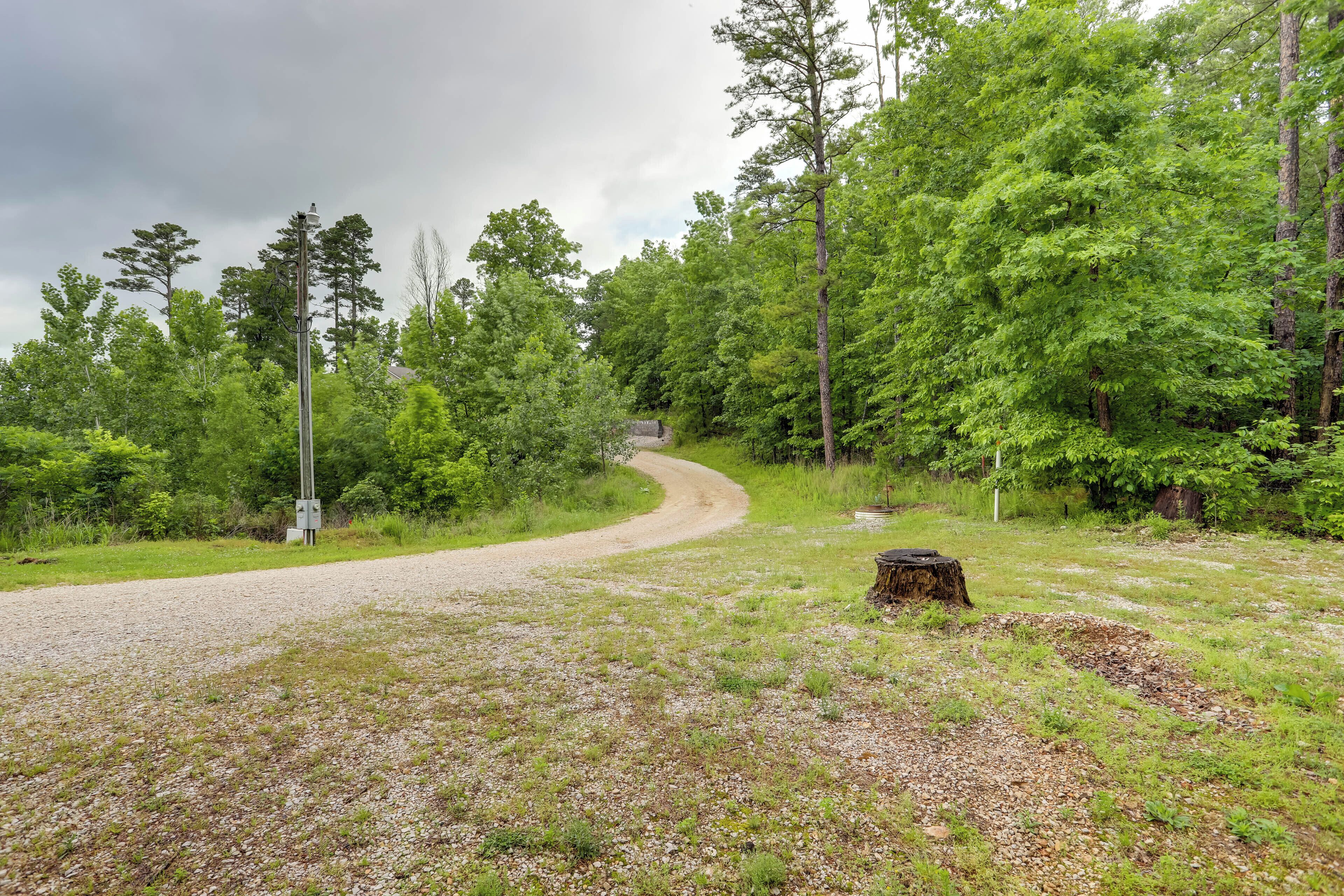 A gravel path winding through a forested area with tall trees and a street lamp.