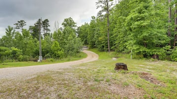A gravel path winding through a forested area with tall trees and a street lamp.