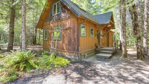 A wooden cabin with a porch and steps, surrounded by dense forest.