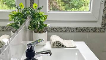 Hair dryer, towels, soap, shampoo