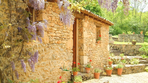Un bâtiment en pierre avec une porte en bois, entouré de plantes en pot et de fleurs violettes suspendues.