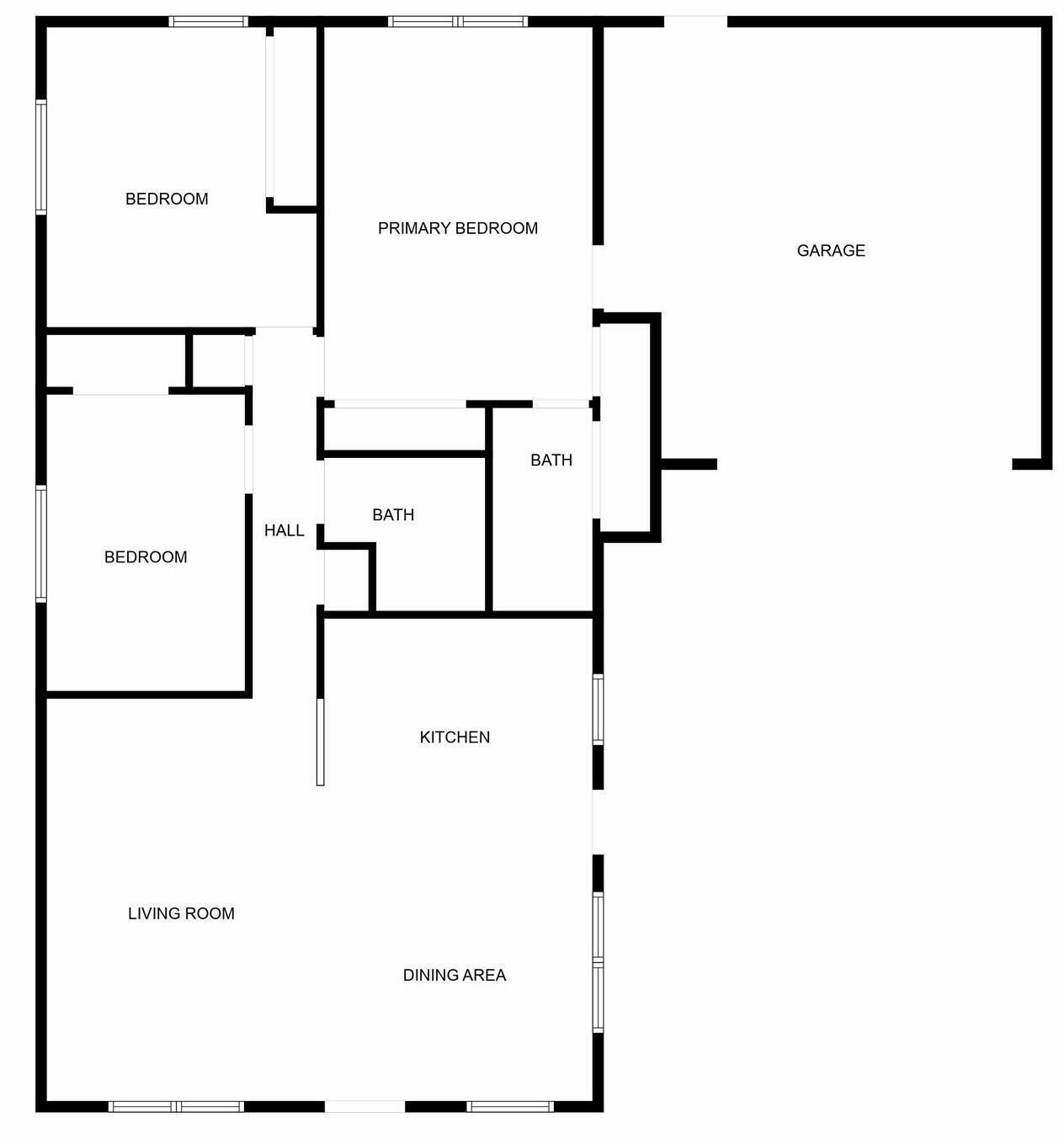 A floor plan with a bedroom, primary bedroom, bathroom, hall, kitchen, living room, dining area, and garage.