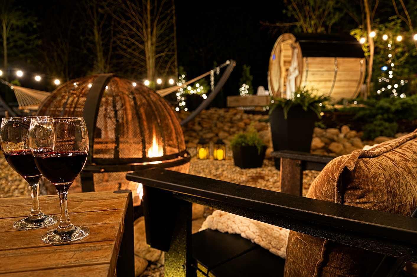 An outdoor seating area with a table, two wine glasses, a fire pit, string lights, and a rustic wooden structure.