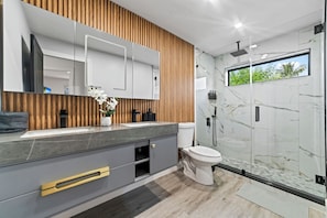 Shower, hair dryer, towels, soap