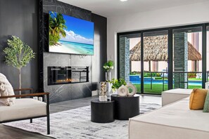 Smart TV, fireplace, ping pong