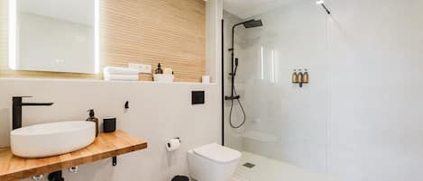 Shower, hair dryer, towels