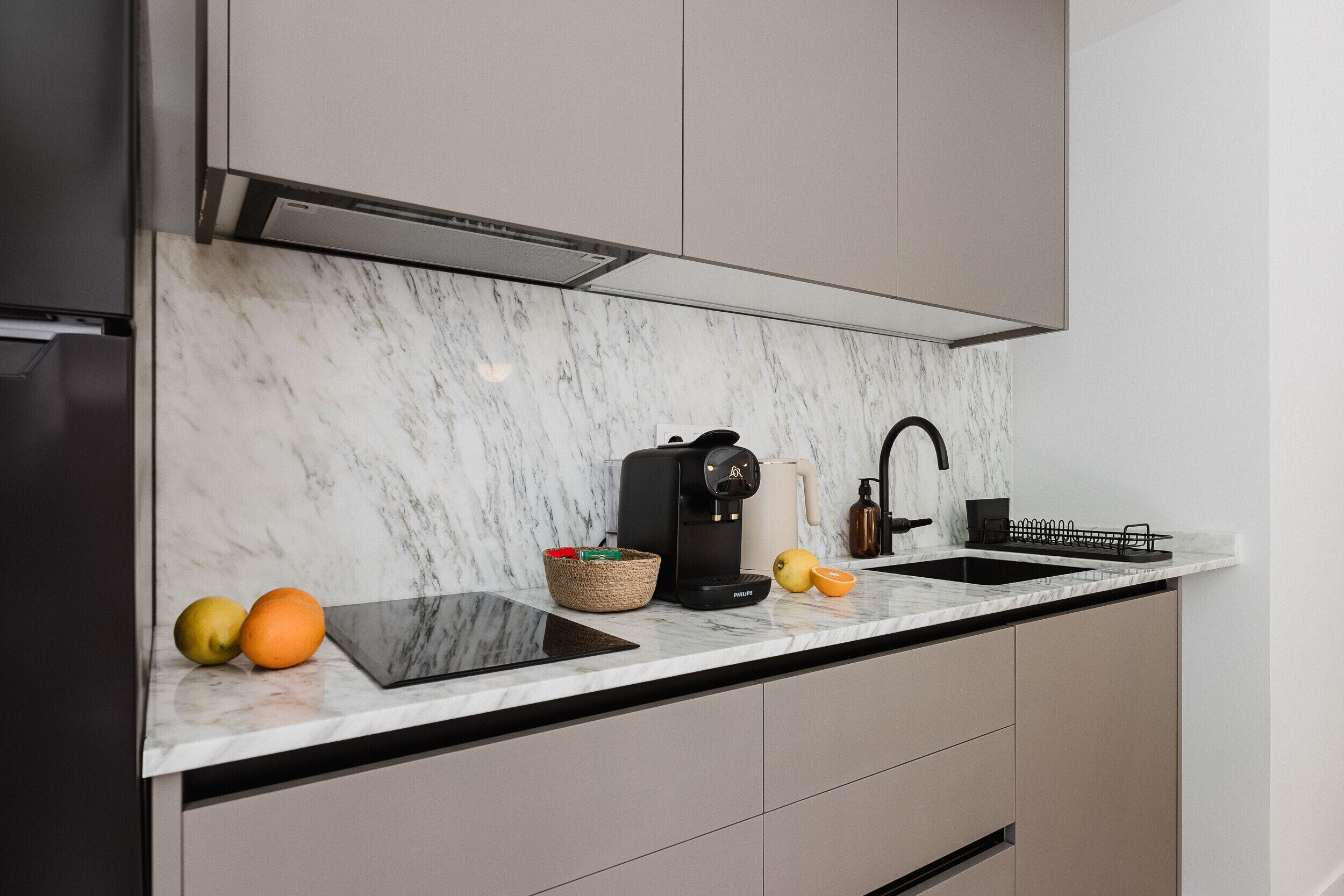 Coffee/tea maker, fridge, microwave, electric kettle