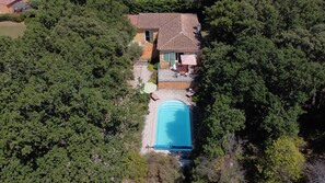 Uma casa com piscina cercada por árvores densas.