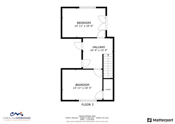 A floor plan of a property with two bedrooms, a hallway, and a closet.
