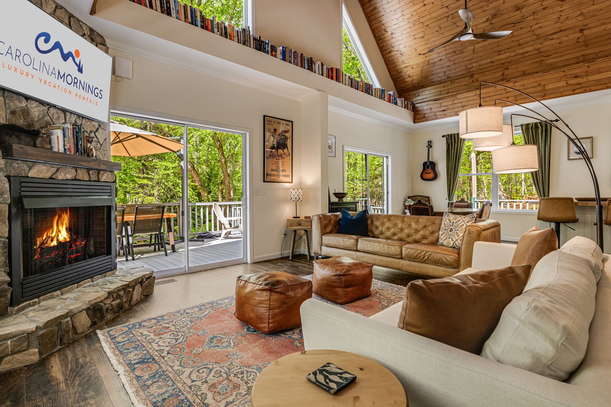 Smart TV, fireplace, books