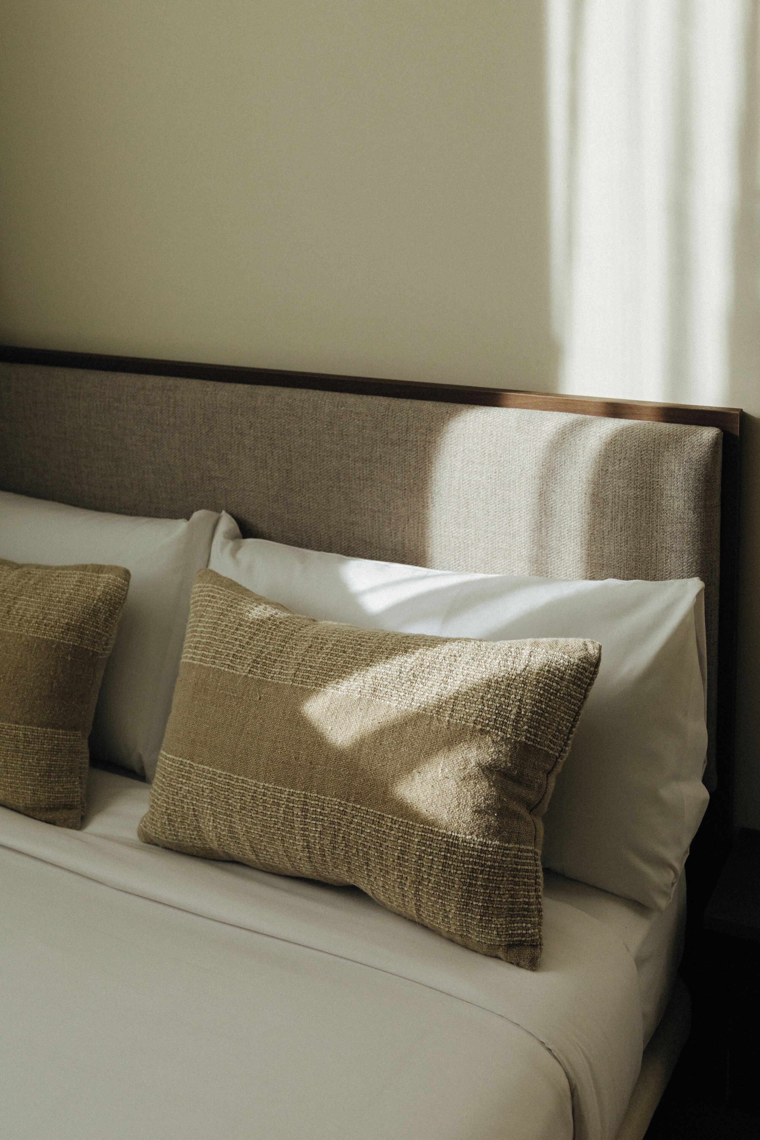 A bed with a headboard, two pillows, and a nightstand.