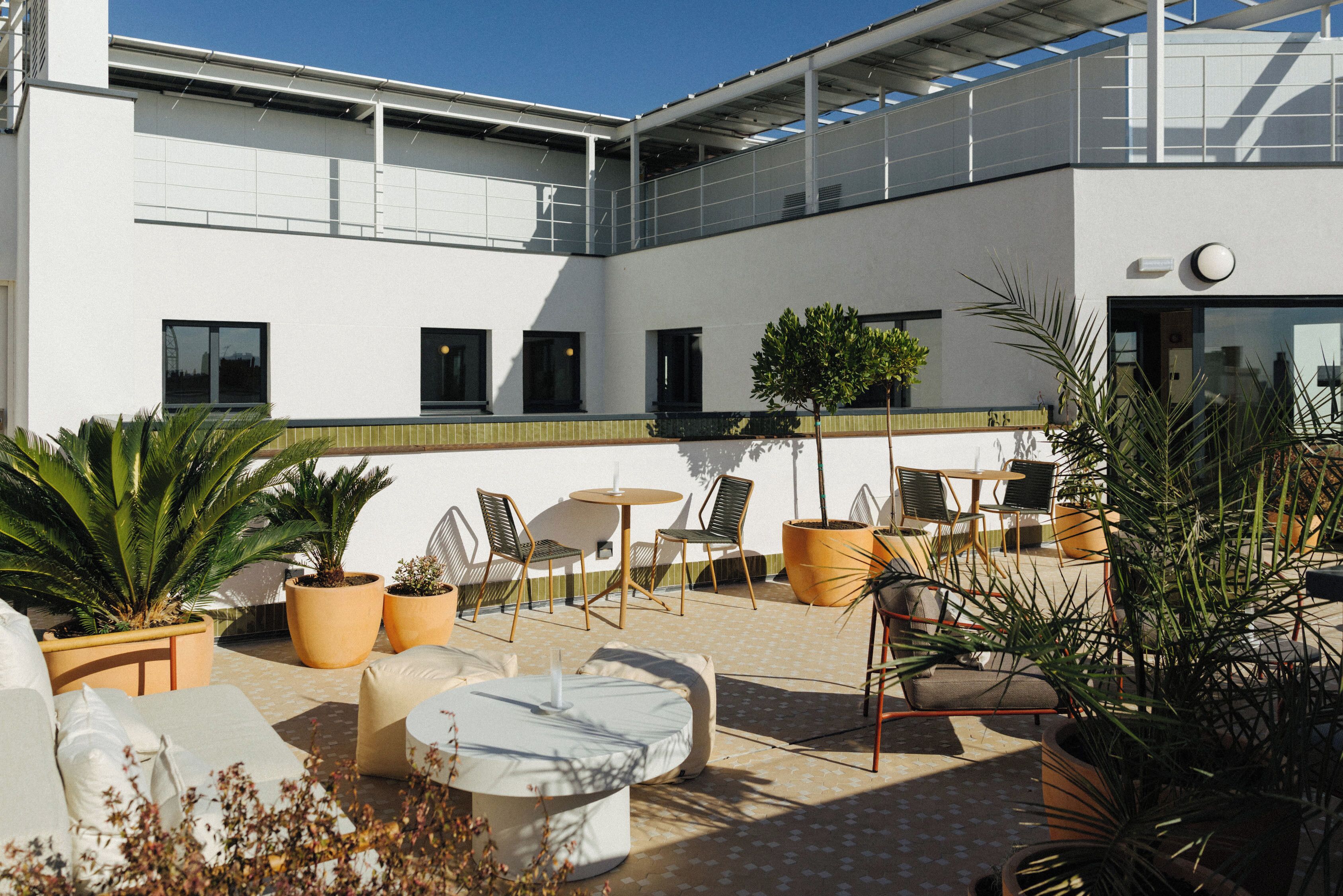 Un patio al aire libre moderno con mobiliario, plantas en macetas y una vista despejada de la arquitectura del edificio.