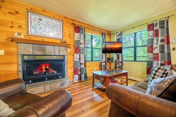 TV, fireplace, table football