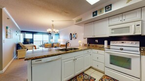 Dishwasher, coffee/tea maker, cookware/dishes/utensils - Pelican Watch 502 - Oceanfront, Elevator, Outdoor Pool, Indoor Pool (Carolina Beach)