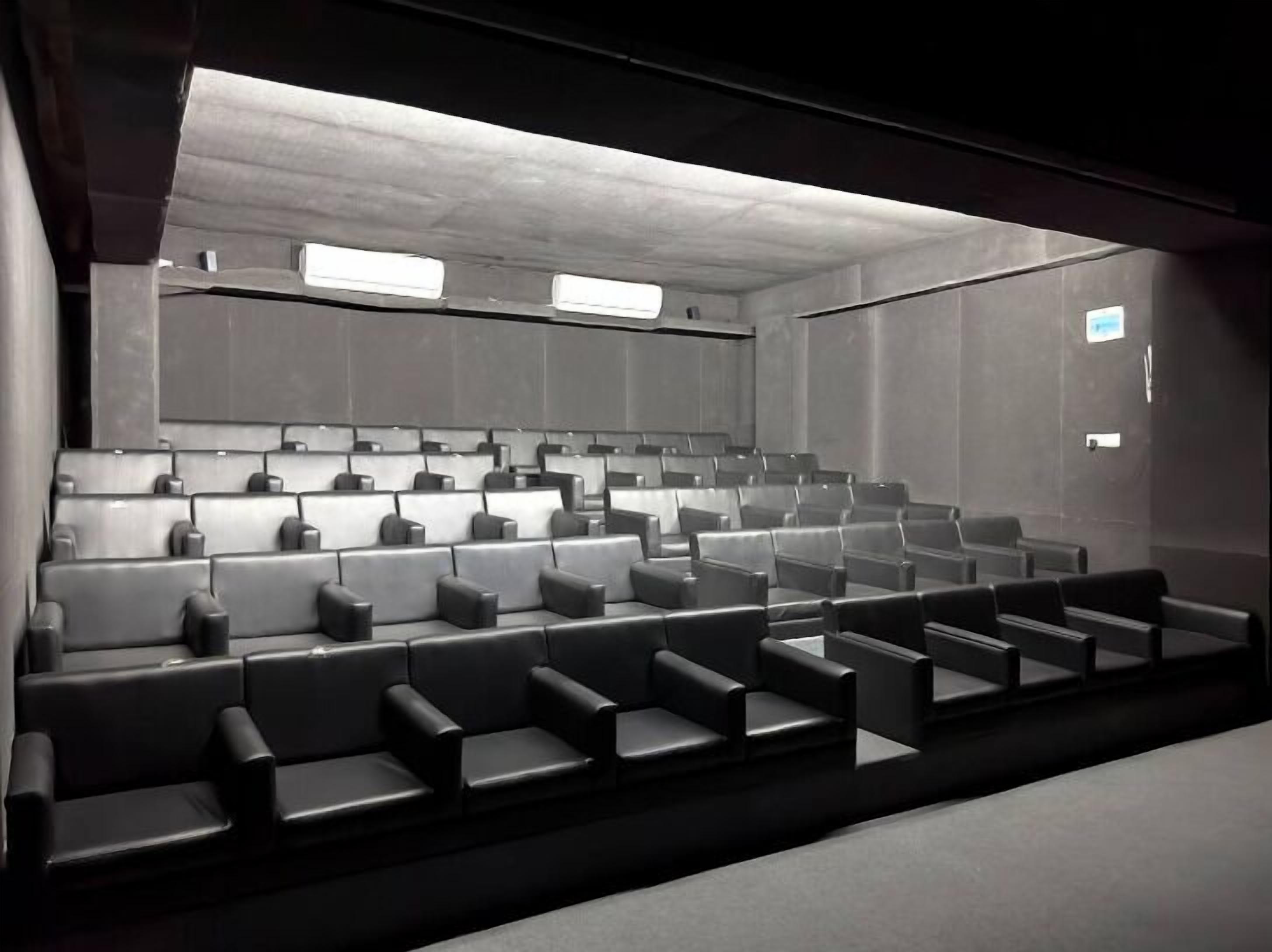 Un cinéma moderne avec des rangées de sièges en cuir noir et un design minimaliste.