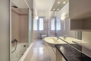 Shower, hair dryer, bidet, towels