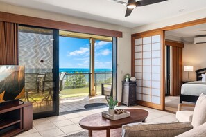 A hotel room with a large sliding glass door to a balcony, a bed, a TV, and a small table with a plant.