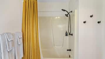 Hair dryer, towels, soap, toilet paper