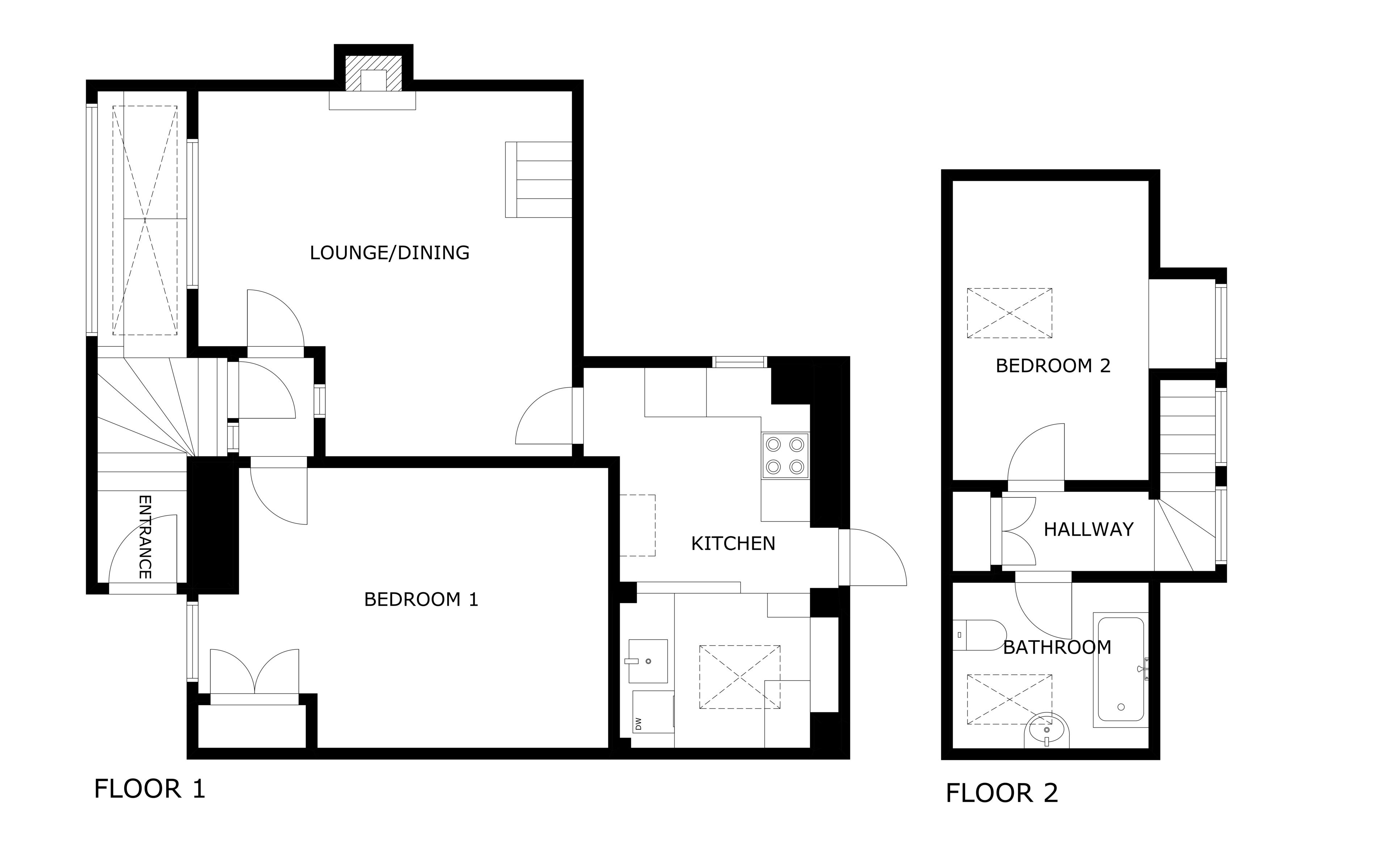 A floor plan of a two-bedroom apartment with a lounge/dining area, kitchen, bathroom, and entrance.