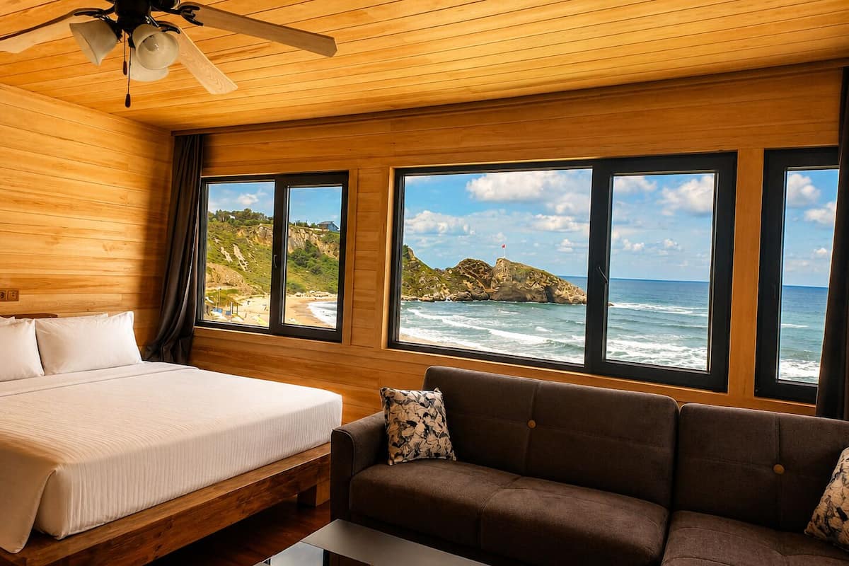 Une chambre avec un lit, un canapé et de grandes fenêtres donnant sur l’océan.