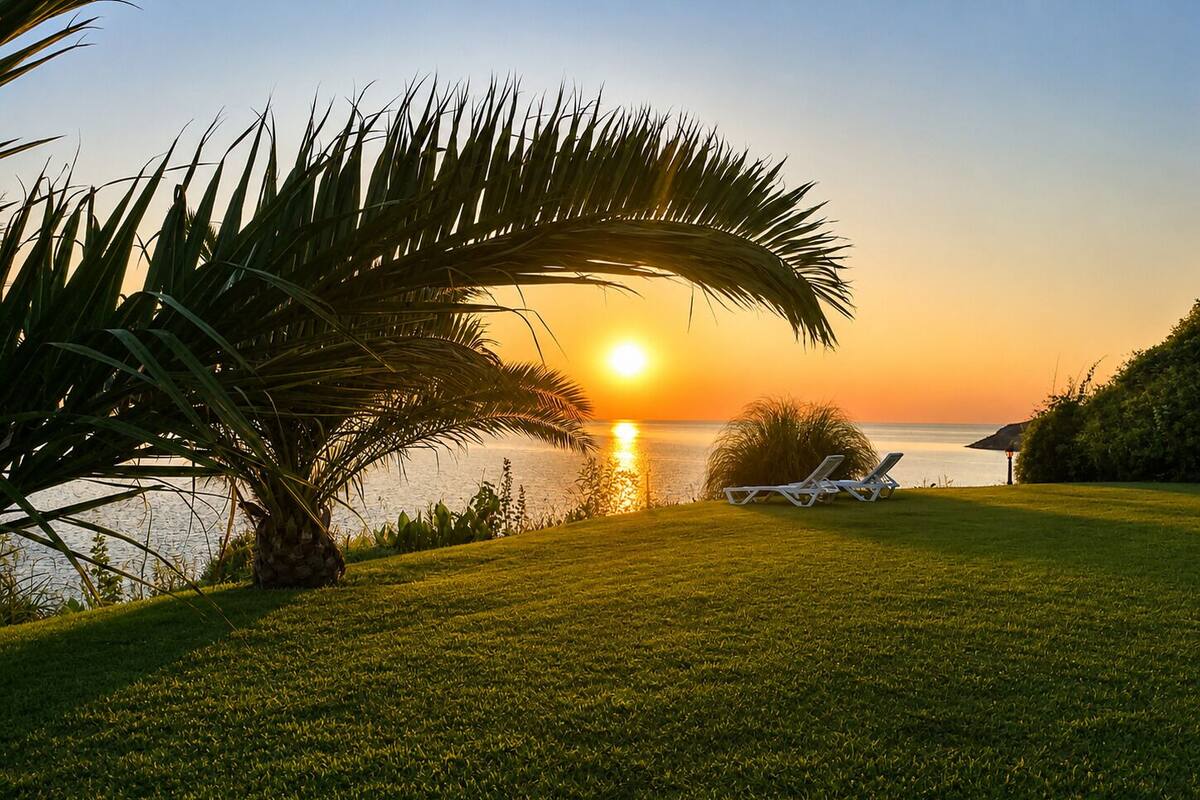 Une vue magnifique au coucher du soleil, avec un palmier, une pelouse verdoyante et des chaises longues au bord de l’eau.