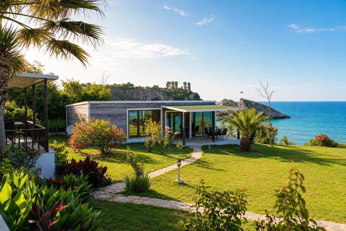 Une maison moderne dotée d’un patio, offrant une vue sur la mer et disposant d’un jardin.