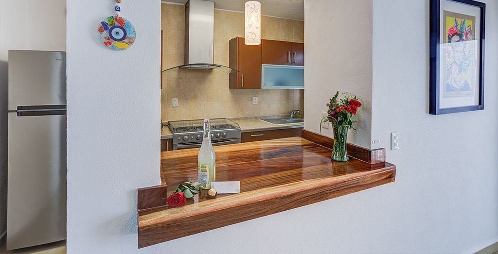 Fridge, microwave, cookware/dishes/utensils