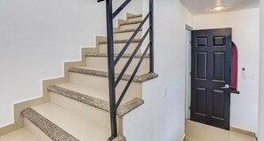Staircase leads to an entrance with a dark door.