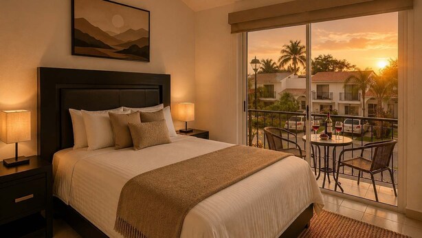 A hotel room with a bed, bedside lamps, a painting, and a balcony with a table and chairs. - Relax in Nuevo Vallarta | Pool & Great Location (Nuevo Vallarta)