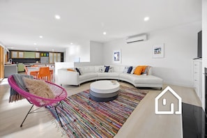 TV connectée, cheminée, lecteur de DVD, livres