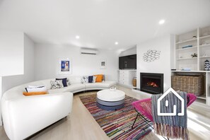 Smart TV, chimenea, reproductor de DVD y libros 