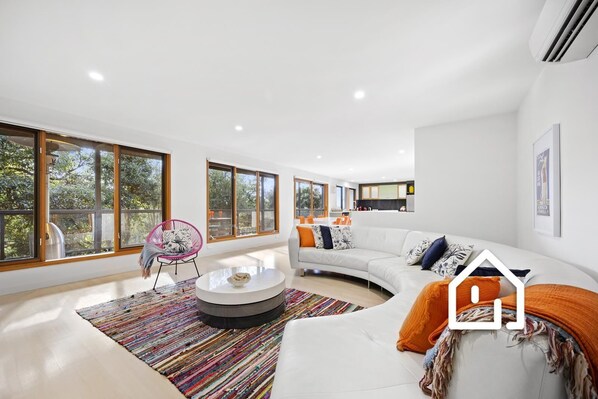 Smart TV, fireplace, DVD player, books