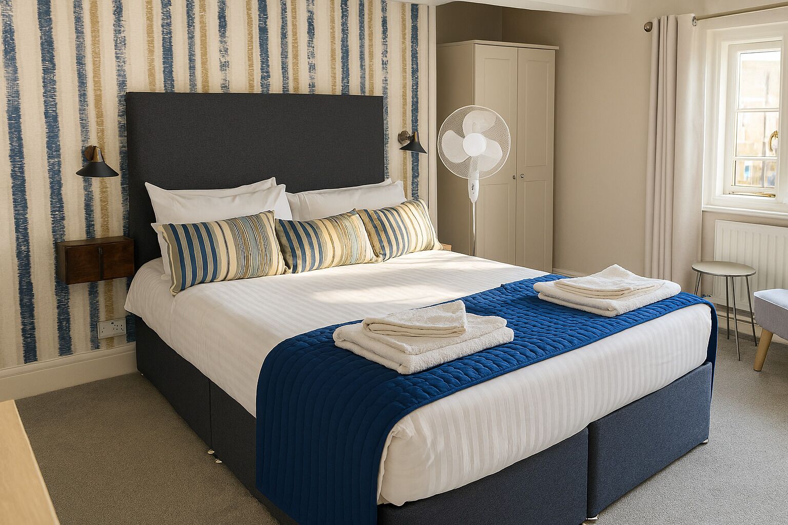 A neatly made bed with a dark headboard, striped pillows, and a blue quilt. There is a standing fan and a small table beside the bed.