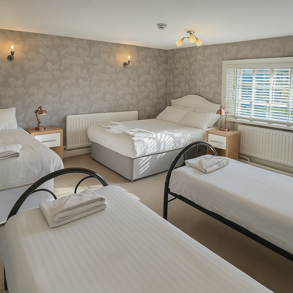 A bedroom with two beds, a window with blinds, a radiator, and wall-mounted lights.