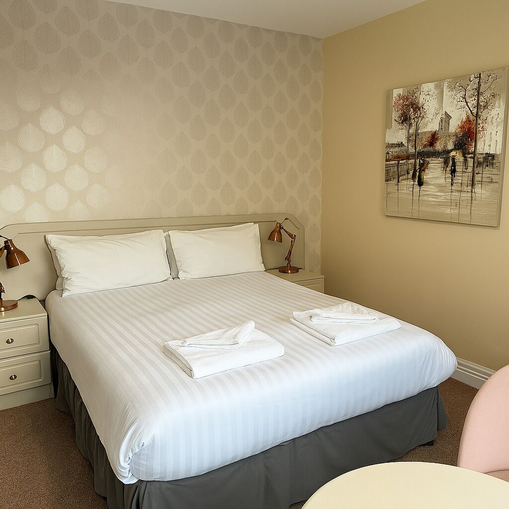 A neatly made bed with white linens, a lamp on the nightstand, and a painting on the wall.