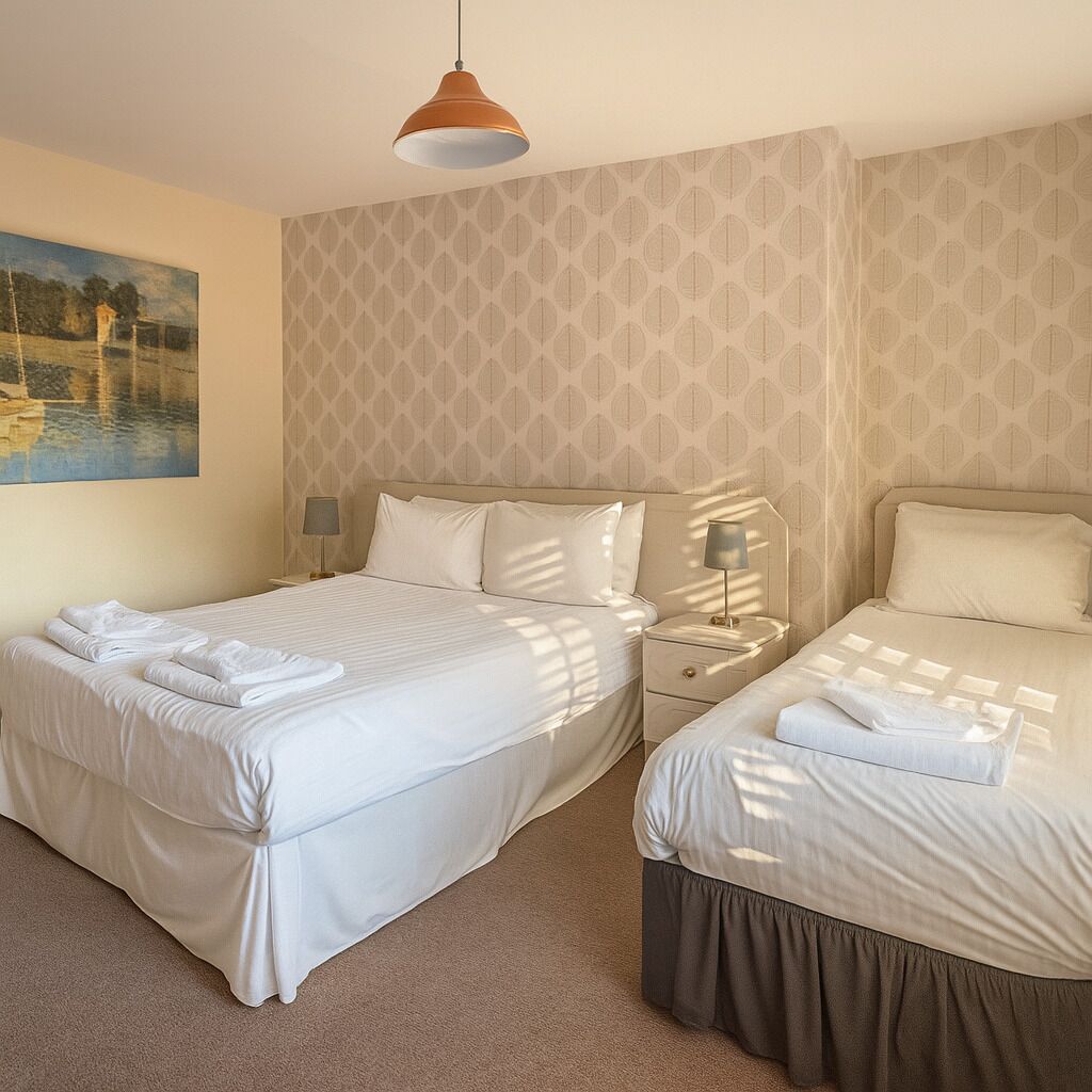 A hotel room with two beds, a painting on the wall, patterned wallpaper, and a hanging pendant light.