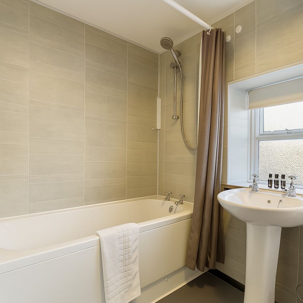 Une salle de bain moderne avec une baignoire, une douche et un lavabo.